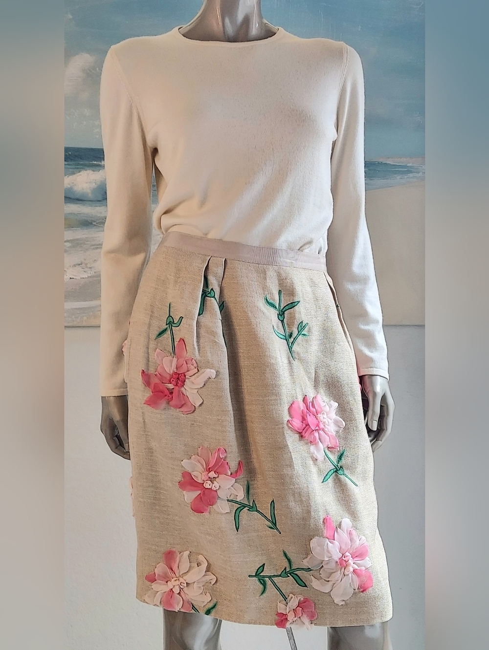 ^□*$2,800 OSCAR DE LA RENTA EXQUISITE LINEN LEAF FLOWER EMBROID RUNWAY SKIRT 12